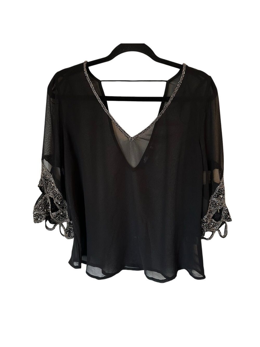 BKE Boutique Black Sheer 3/4 Sleeve Blouse With Rhinestone Trim & Sleeves Sz XS